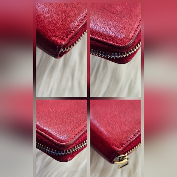 YSL Red Leather Zip-Around Signature Logo Wallet - Picture 7 of 17
